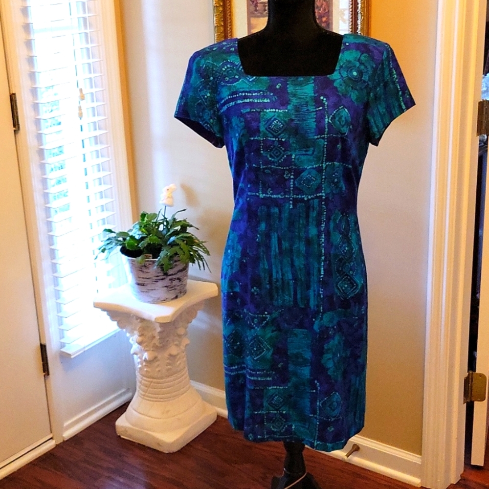 JESSICA HOWARD dress turquoise purple print short sleeve square neck 10 …EUC